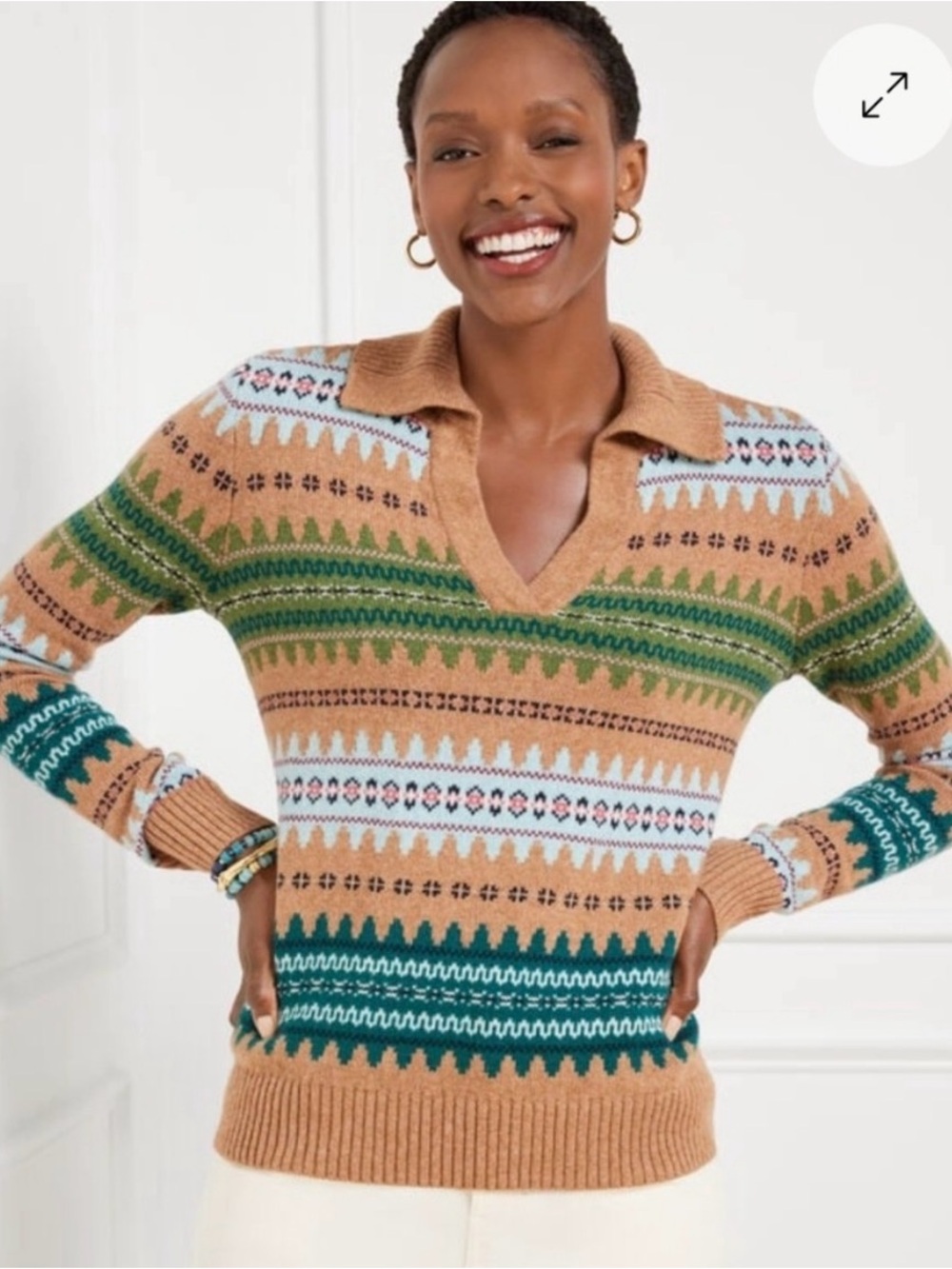 Talbots Camel Fair Isle V-Neck Sweater with Green & Teal Accents